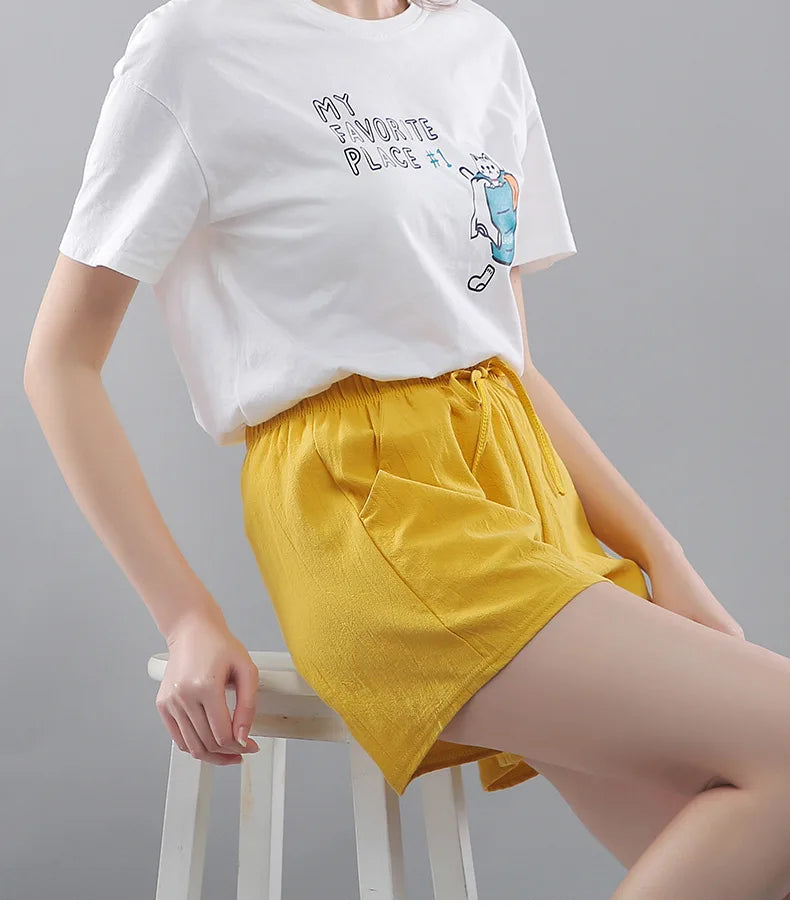 Women Shorts Summer 2025 Korean Wide Leg Casual Solid Drawstring Elastic Waist Shorts Girls Cotton Women&