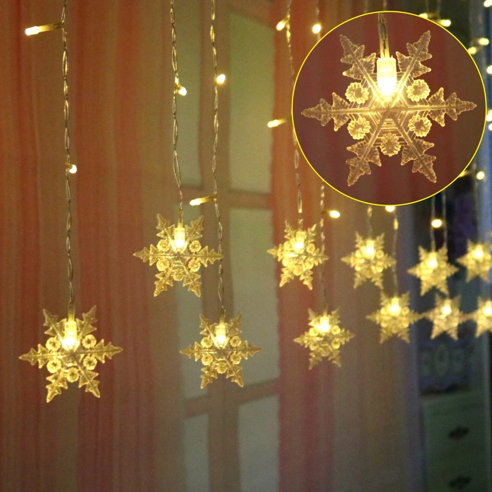 Christmas Decor Snowflake Window Curtain Garlands Led Icicle Fairy Lights Outdoor Garland for Home Party Garden New Year Decor