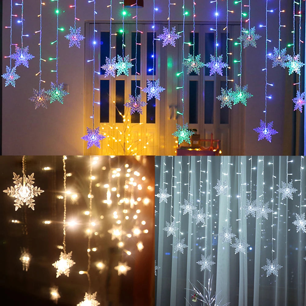 Christmas Decor Snowflake Window Curtain Garlands Led Icicle Fairy Lights Outdoor Garland for Home Party Garden New Year Decor