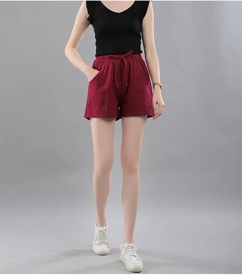 Women Shorts Summer 2025 Korean Wide Leg Casual Solid Drawstring Elastic Waist Shorts Girls Cotton Women&