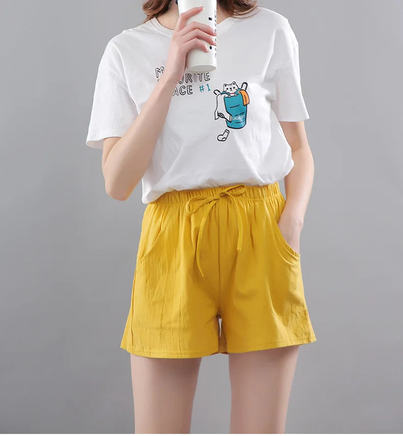 Women Shorts Summer 2025 Korean Wide Leg Casual Solid Drawstring Elastic Waist Shorts Girls Cotton Women&