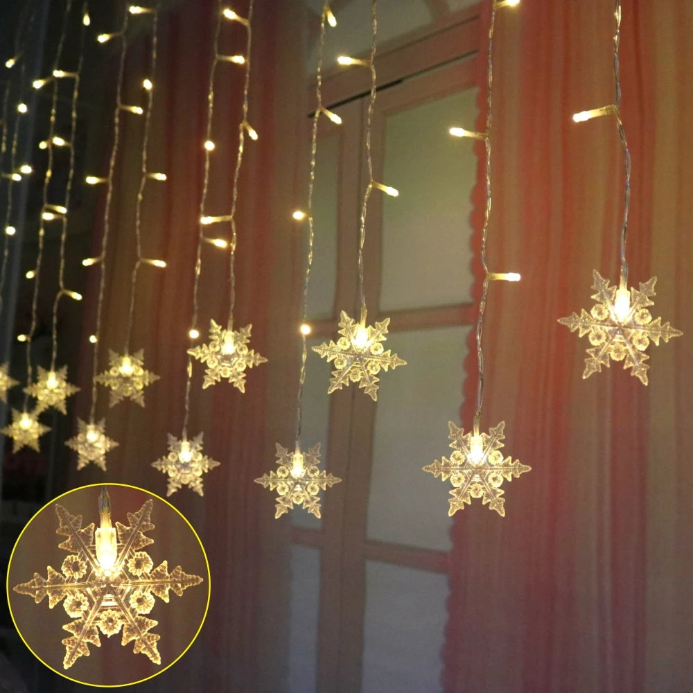 Christmas Decor Snowflake Window Curtain Garlands Led Icicle Fairy Lights Outdoor Garland for Home Party Garden New Year Decor