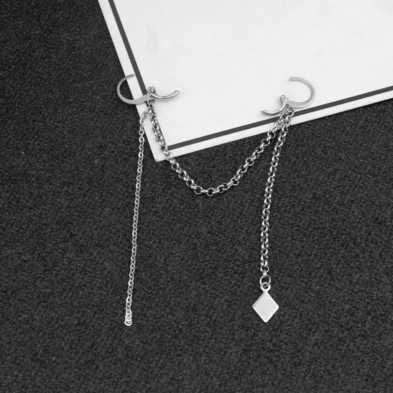 Punk Ear Clip Cuff Earrings for Men Women Tassel Chain Stainless Steel Rock Stud Earring Hip hop Grunge Accessories Unisex Gift
