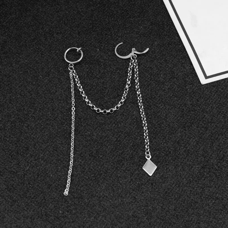 Punk Ear Clip Cuff Earrings for Men Women Tassel Chain Stainless Steel Rock Stud Earring Hip hop Grunge Accessories Unisex Gift