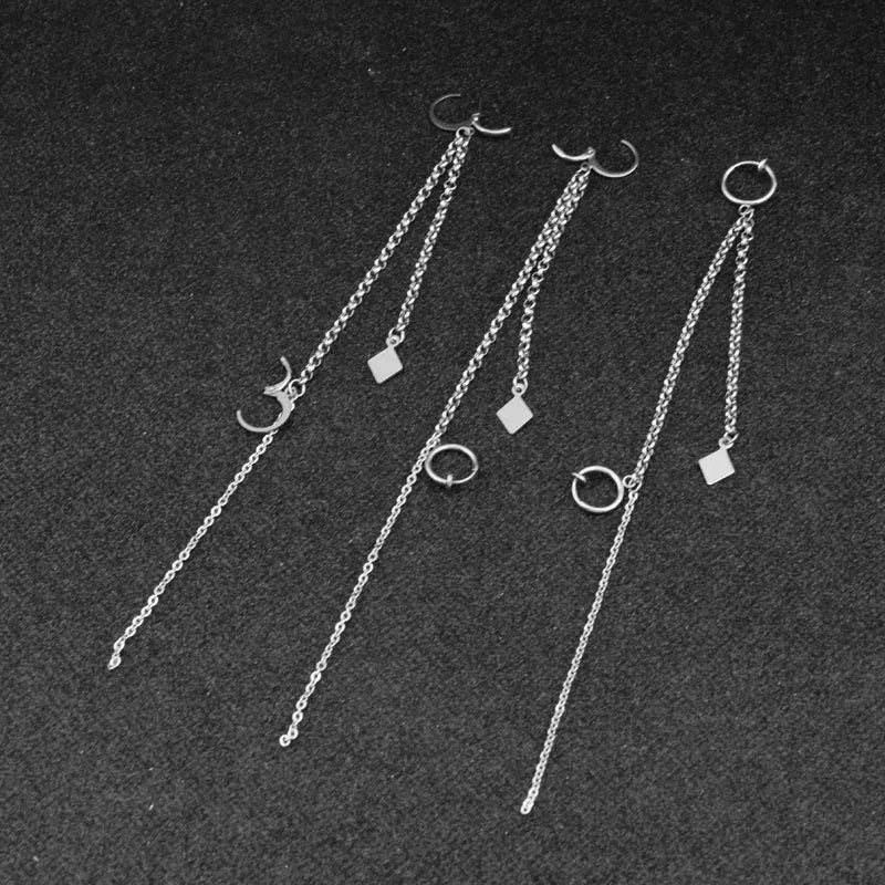 Punk Ear Clip Cuff Earrings for Men Women Tassel Chain Stainless Steel Rock Stud Earring Hip hop Grunge Accessories Unisex Gift