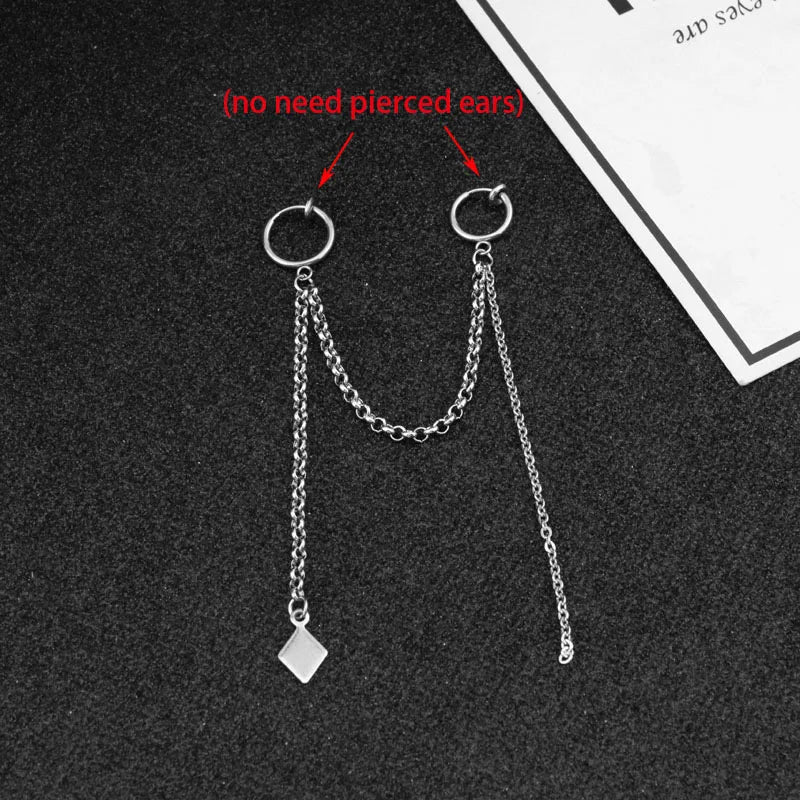 Punk Ear Clip Cuff Earrings for Men Women Tassel Chain Stainless Steel Rock Stud Earring Hip hop Grunge Accessories Unisex Gift