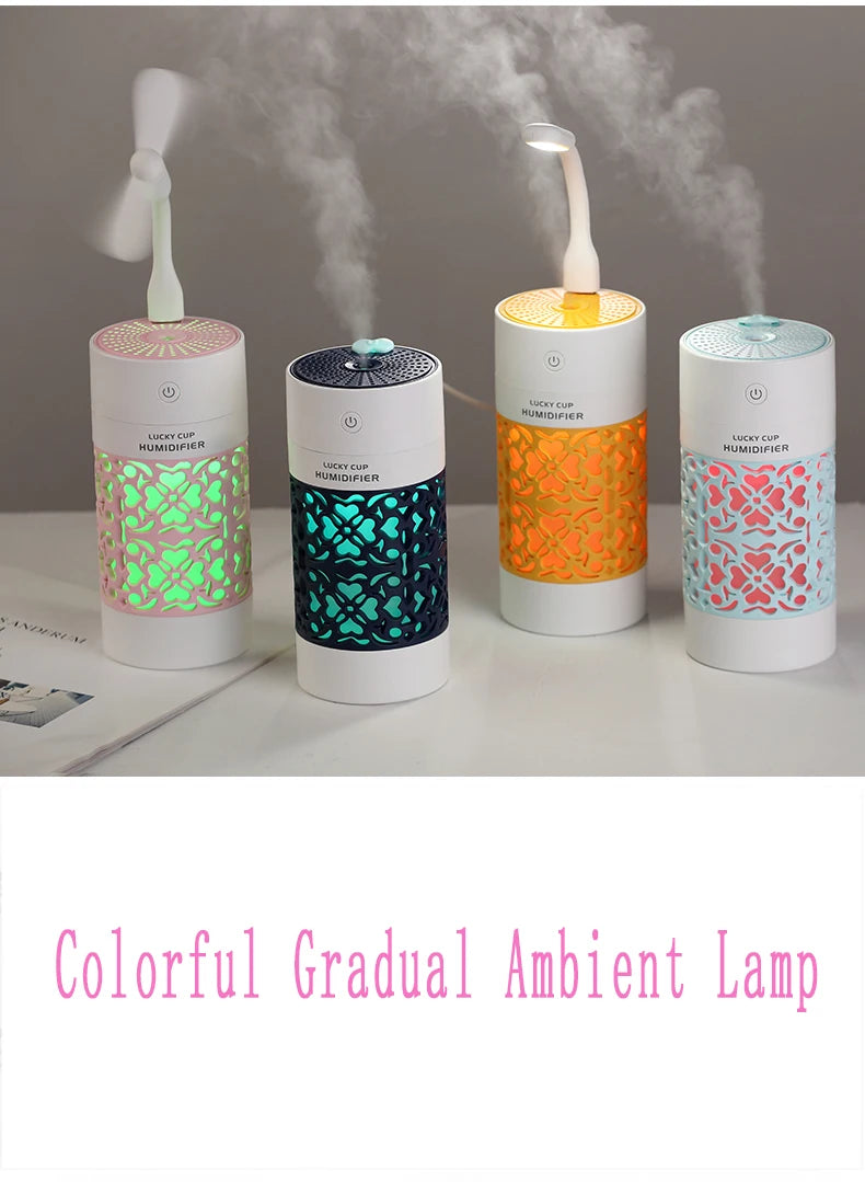 saengQ 250ml Air Humidifier with LED Night Lamp Mini Fan Aroma Essential Oil Diffuser USB Fogger Mist Maker for Home Office Car