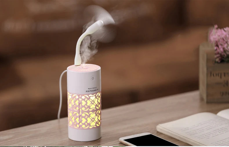 saengQ 250ml Air Humidifier with LED Night Lamp Mini Fan Aroma Essential Oil Diffuser USB Fogger Mist Maker for Home Office Car