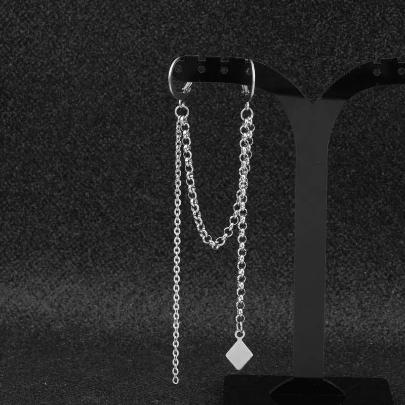 Punk Ear Clip Cuff Earrings for Men Women Tassel Chain Stainless Steel Rock Stud Earring Hip hop Grunge Accessories Unisex Gift