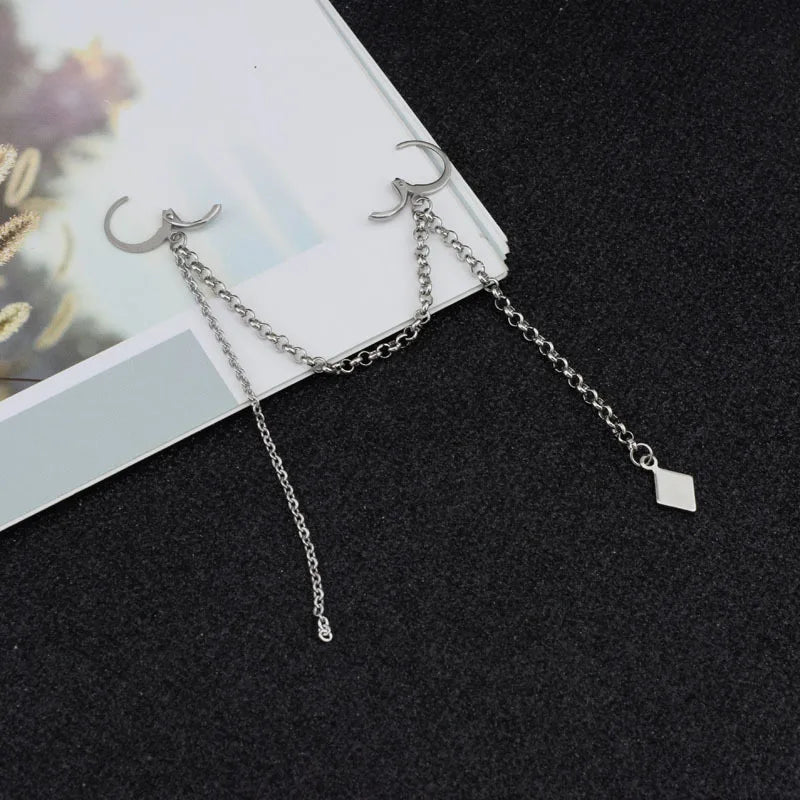 Punk Ear Clip Cuff Earrings for Men Women Tassel Chain Stainless Steel Rock Stud Earring Hip hop Grunge Accessories Unisex Gift
