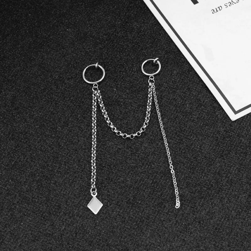 Punk Ear Clip Cuff Earrings for Men Women Tassel Chain Stainless Steel Rock Stud Earring Hip hop Grunge Accessories Unisex Gift