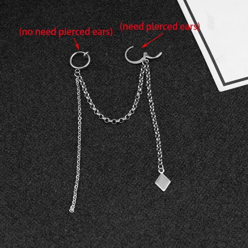 Punk Ear Clip Cuff Earrings for Men Women Tassel Chain Stainless Steel Rock Stud Earring Hip hop Grunge Accessories Unisex Gift