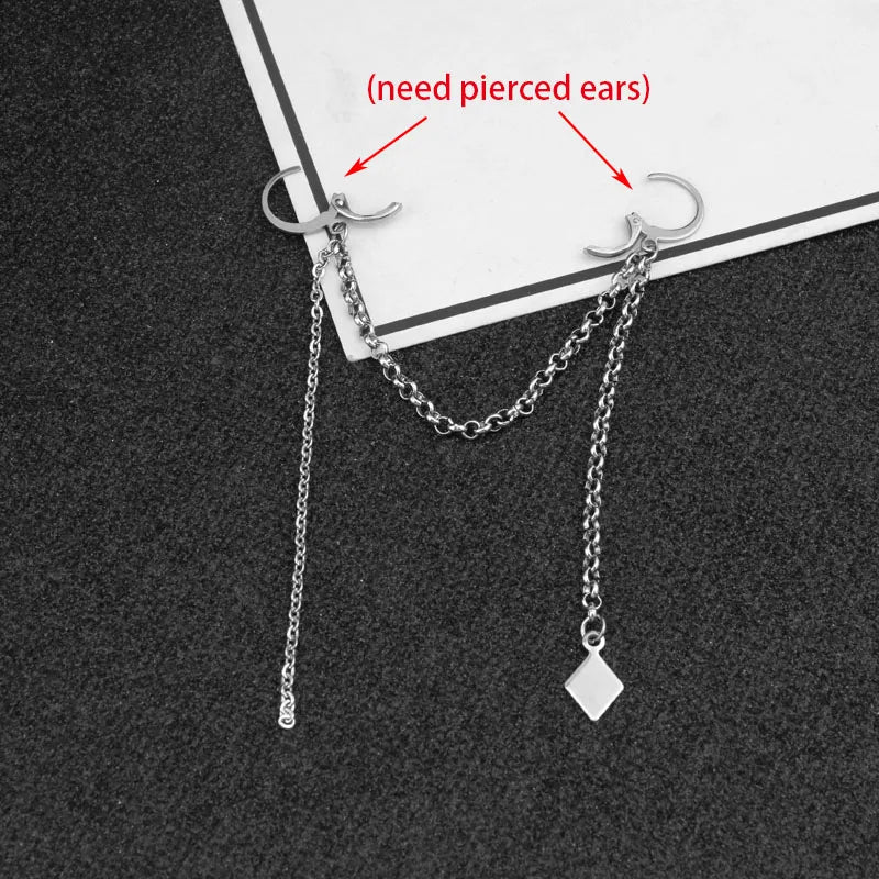 Punk Ear Clip Cuff Earrings for Men Women Tassel Chain Stainless Steel Rock Stud Earring Hip hop Grunge Accessories Unisex Gift
