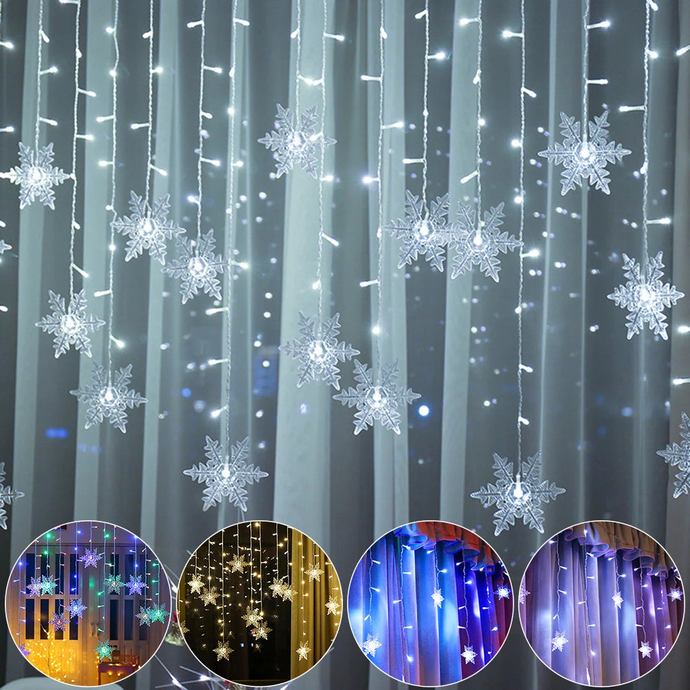 Christmas Decor Snowflake Window Curtain Garlands Led Icicle Fairy Lights Outdoor Garland for Home Party Garden New Year Decor