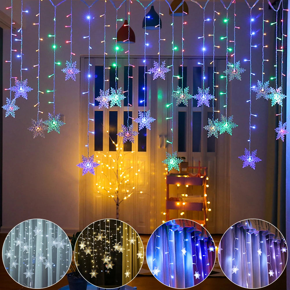 Christmas Decor Snowflake Window Curtain Garlands Led Icicle Fairy Lights Outdoor Garland for Home Party Garden New Year Decor