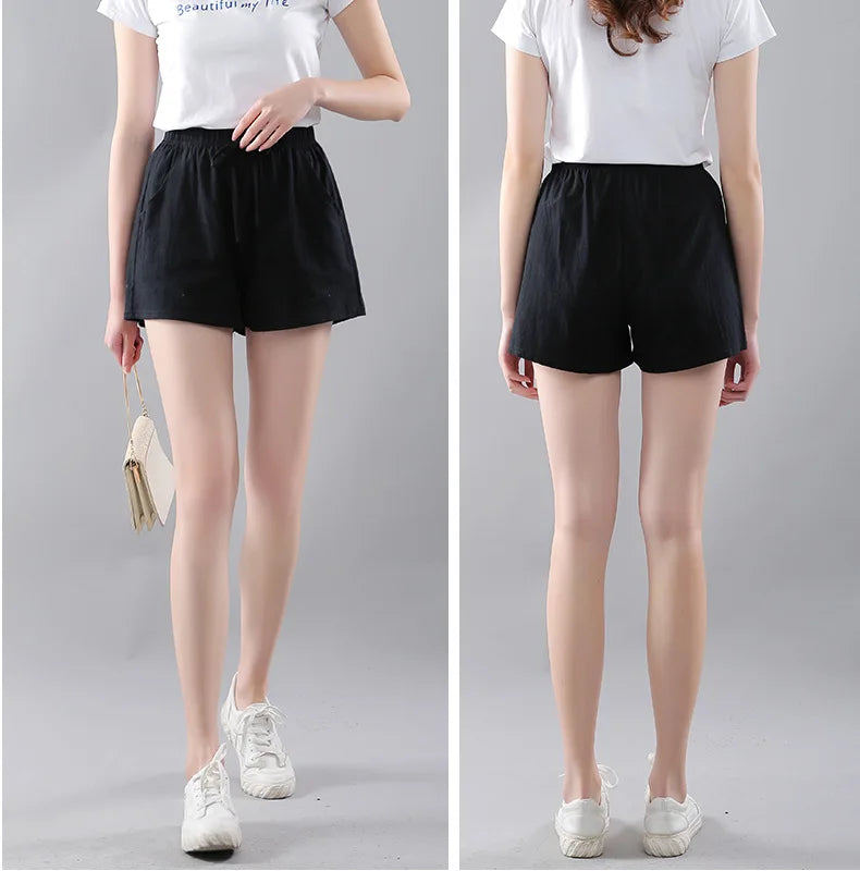 Women Shorts Summer 2025 Korean Wide Leg Casual Solid Drawstring Elastic Waist Shorts Girls Cotton Women&