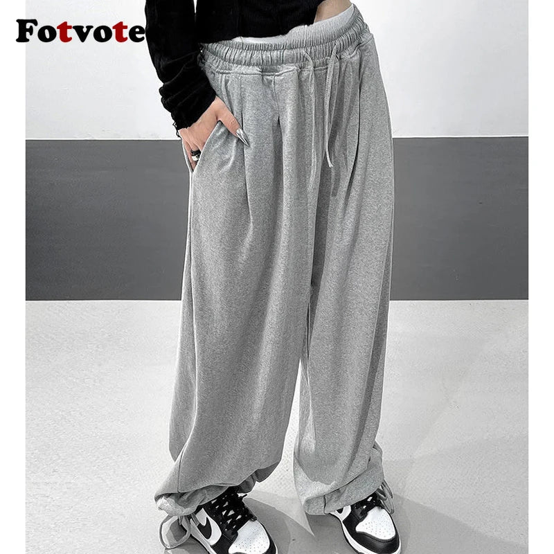 FOTVOTEE Casual Drawstring Sweatpants Women Fashion Loose High-waisted Slimming Harem Pants 2025 New All Match Simple Joggers
