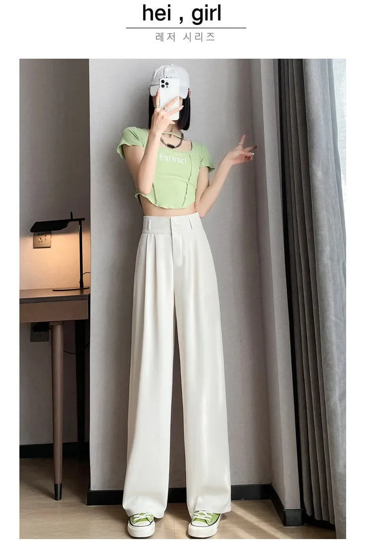 Summer Thin Pink Straight-Leg Ice Silk Bell Bottoms High-Waisted Slim Fit Women&