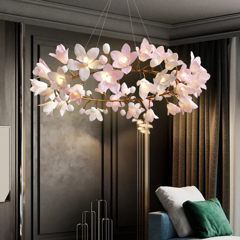French Pink Flower Pendant Chandelier For Living Room Kitchen Island Copper Iron Branches Round Flower Pendant Light Fixture