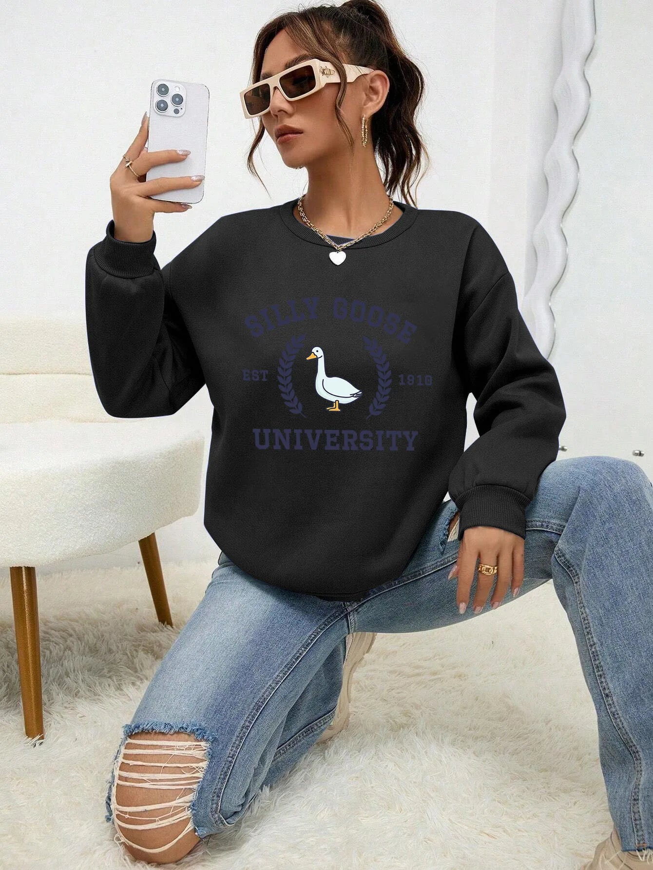 Silly Goose University Est 1918 Printde Woman Sweatshirt Casual Soft Clothing Loose Trendy Pullovers Autumn Crewneck Tops