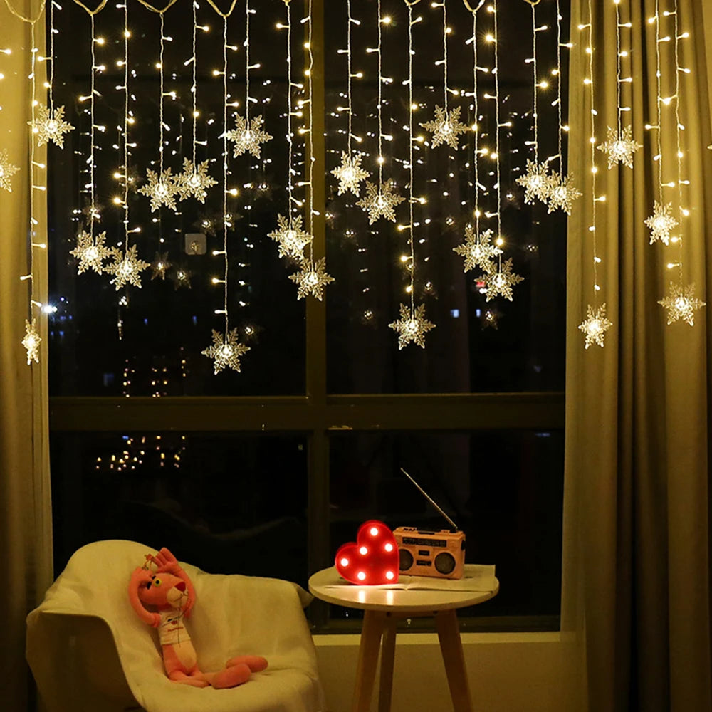 Christmas Decor Snowflake Window Curtain Garlands Led Icicle Fairy Lights Outdoor Garland for Home Party Garden New Year Decor