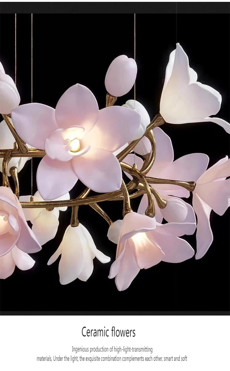 French Pink Flower Pendant Chandelier For Living Room Kitchen Island Copper Iron Branches Round Flower Pendant Light Fixture