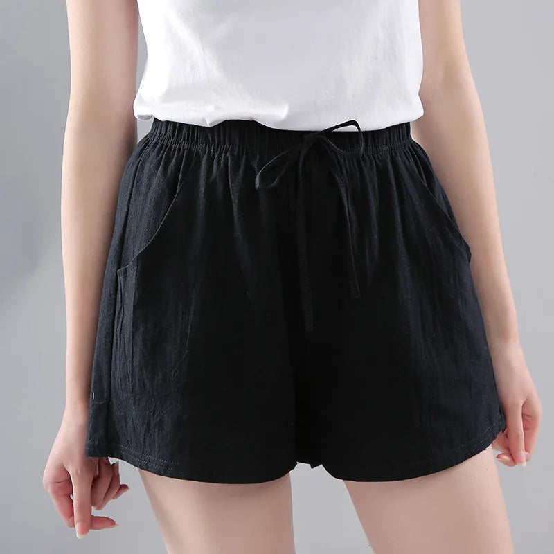 Women Shorts Summer 2025 Korean Wide Leg Casual Solid Drawstring Elastic Waist Shorts Girls Cotton Women&