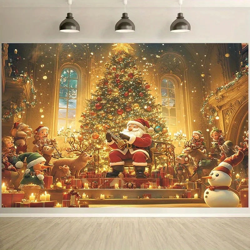 Christmas themed background, including Santa Claus, deer, holiday tree, and candles