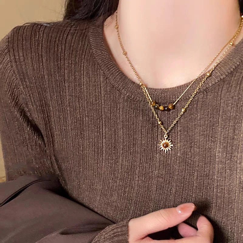 Fashion Brown Natural Stone Pendant Necklace Aesthetic Jewelry Golden Metal Chain Double-layer Necklace for Women Girls Gift