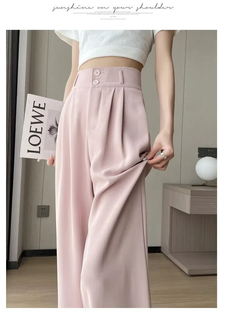 Summer Thin Pink Straight-Leg Ice Silk Bell Bottoms High-Waisted Slim Fit Women&