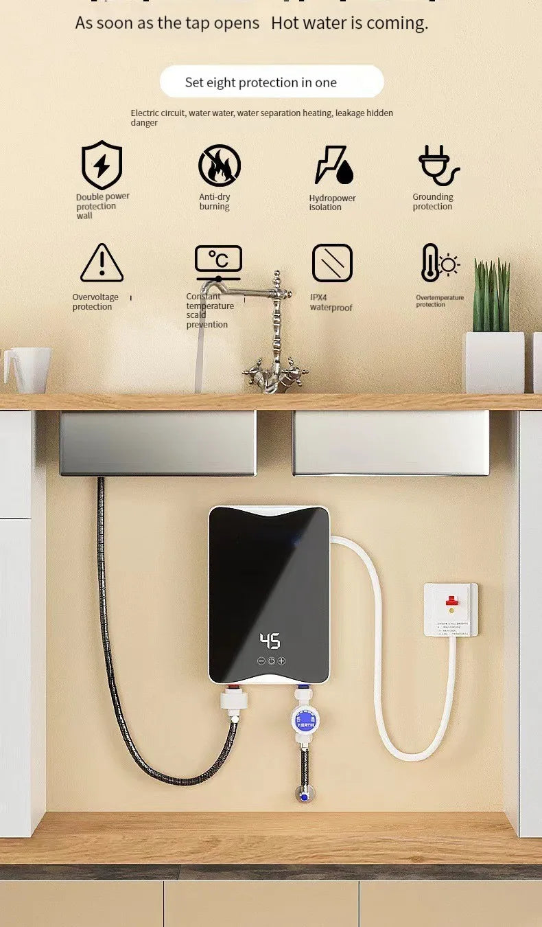 5500W Instant Tankless Electric Hot Water Heater Bathroom Kitchen Instant Heating Tap Demand Water Heater with LCD Display