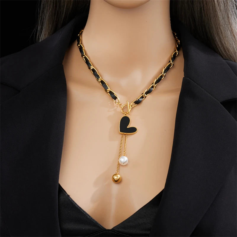 DIEYURO 316L Stainless Steel Black Heart Pearl Ball Pendant Necklace For Women Fashion Girls OT Clasp Leather Chain Jewelry Gift