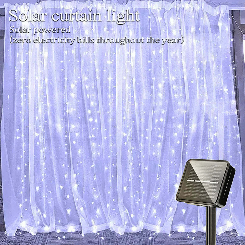 Outdoor Solar Curtain Light 3x3M 300Leds Holiday Decorations Garland 8 Modes Halloween Christmas Party Decor String Lights