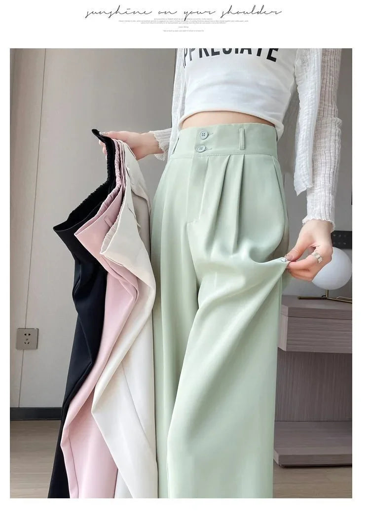 Summer Thin Pink Straight-Leg Ice Silk Bell Bottoms High-Waisted Slim Fit Women&