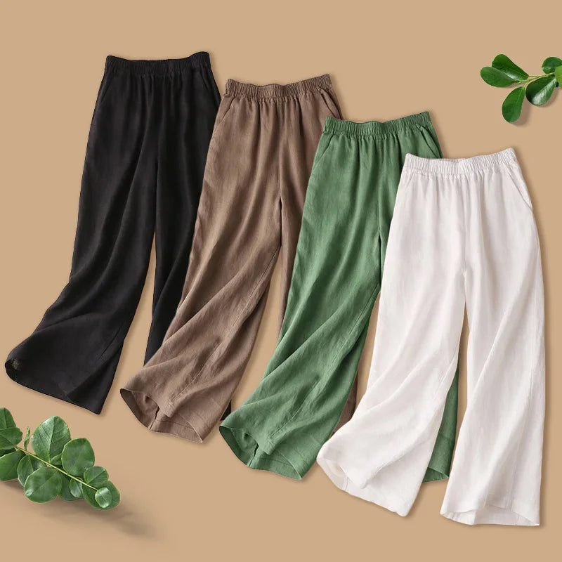 Fashion Full Length Casual Pants for Women Cotton Linen Wide Leg Pants Solid Summer Pants Female Loose High Waist Straight Trous