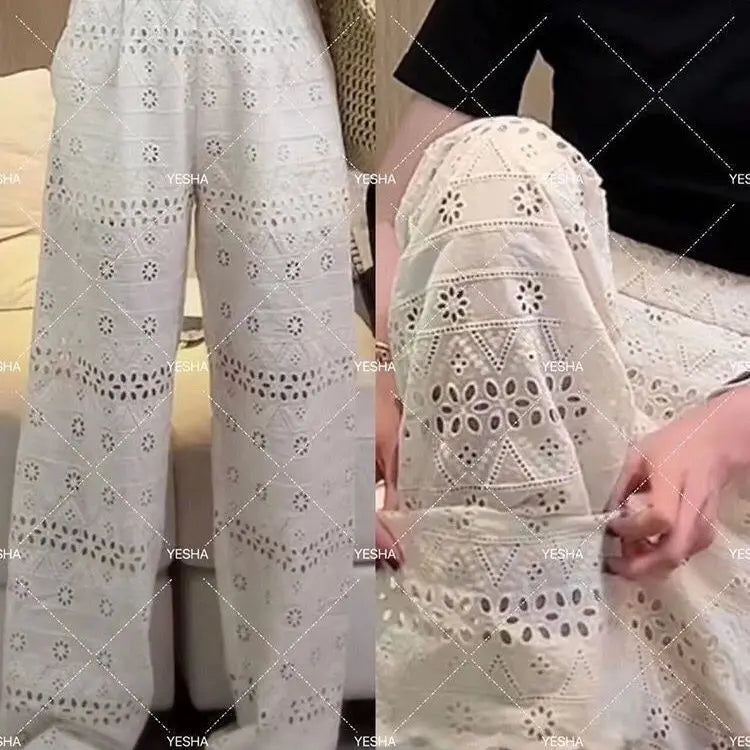 Summer Thin High-waisted Lace Hollow Floor-length Wide-leg Pants for Women, Loose Casual Straight-leg Pants