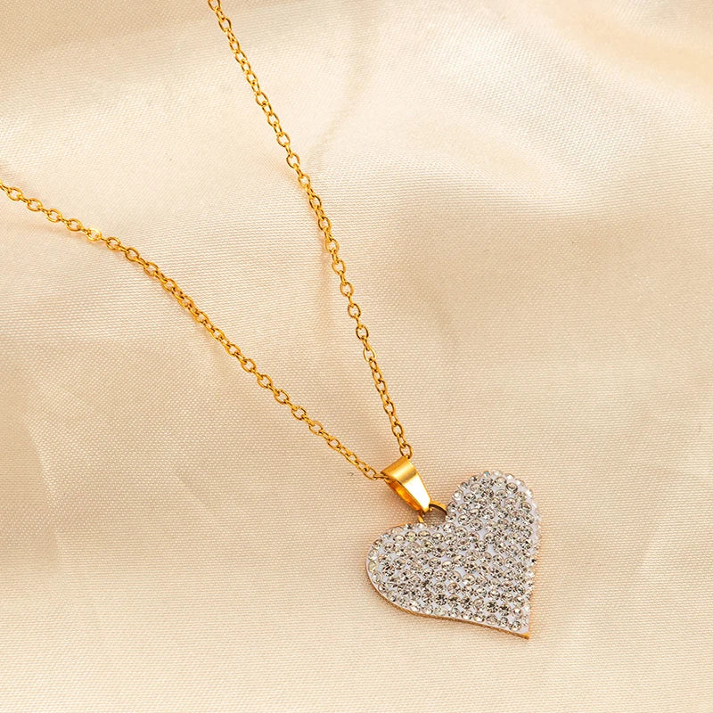 ANENJERY 316L Stainless Steel Green White Zircon Love Heart Necklace Earrings For Women Sparkling Jewelry Gifts Wholesale