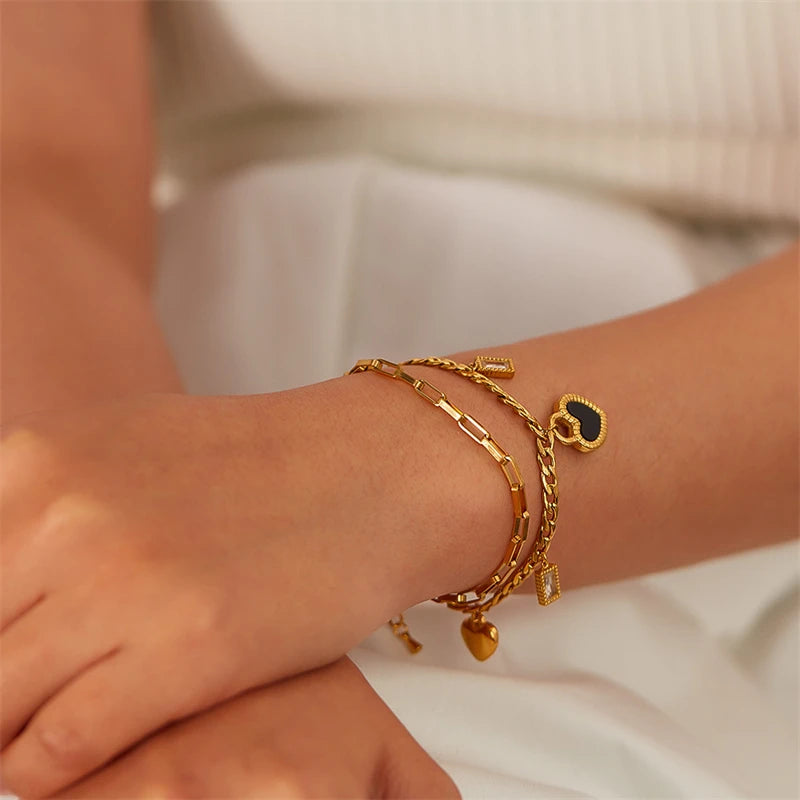 316L Stainless Steel New Fashion Fine Jewelry Black White Double-sided Seashell Zircon Heart Charm Chain Bracelets For Women