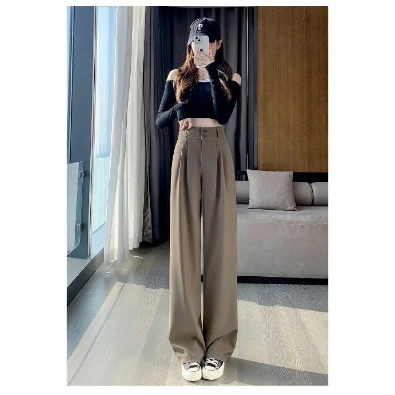 Summer Thin Pink Straight-Leg Ice Silk Bell Bottoms High-Waisted Slim Fit Women&