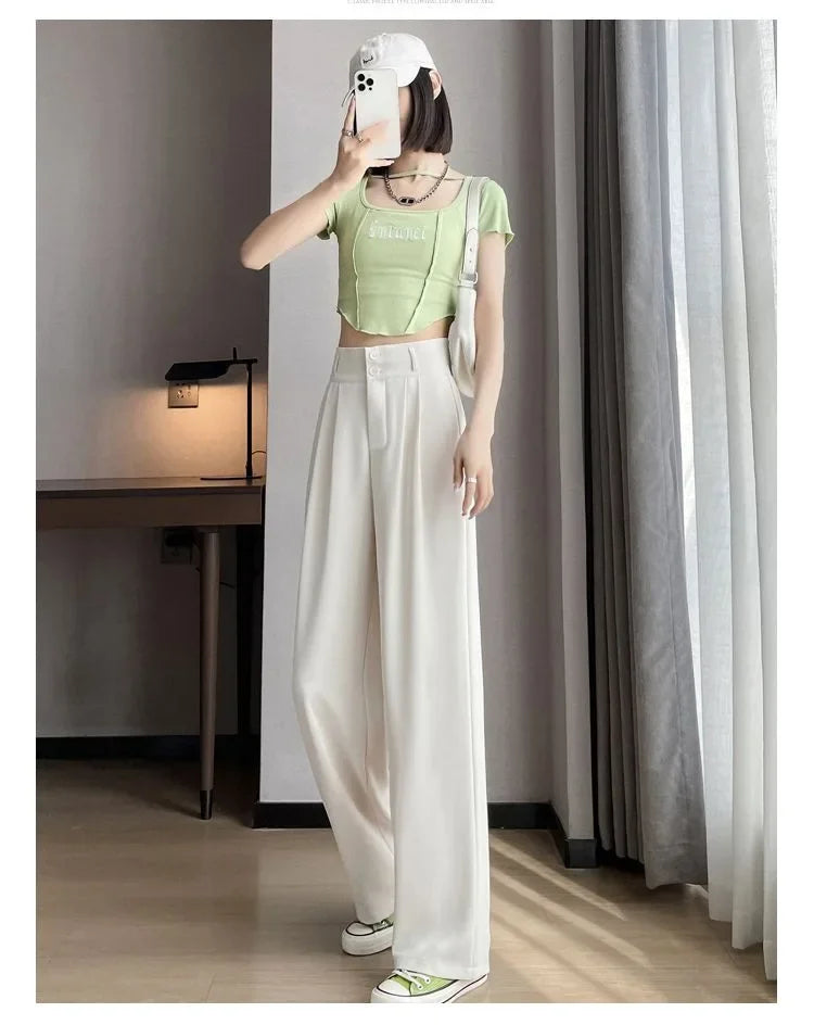 Summer Thin Pink Straight-Leg Ice Silk Bell Bottoms High-Waisted Slim Fit Women&