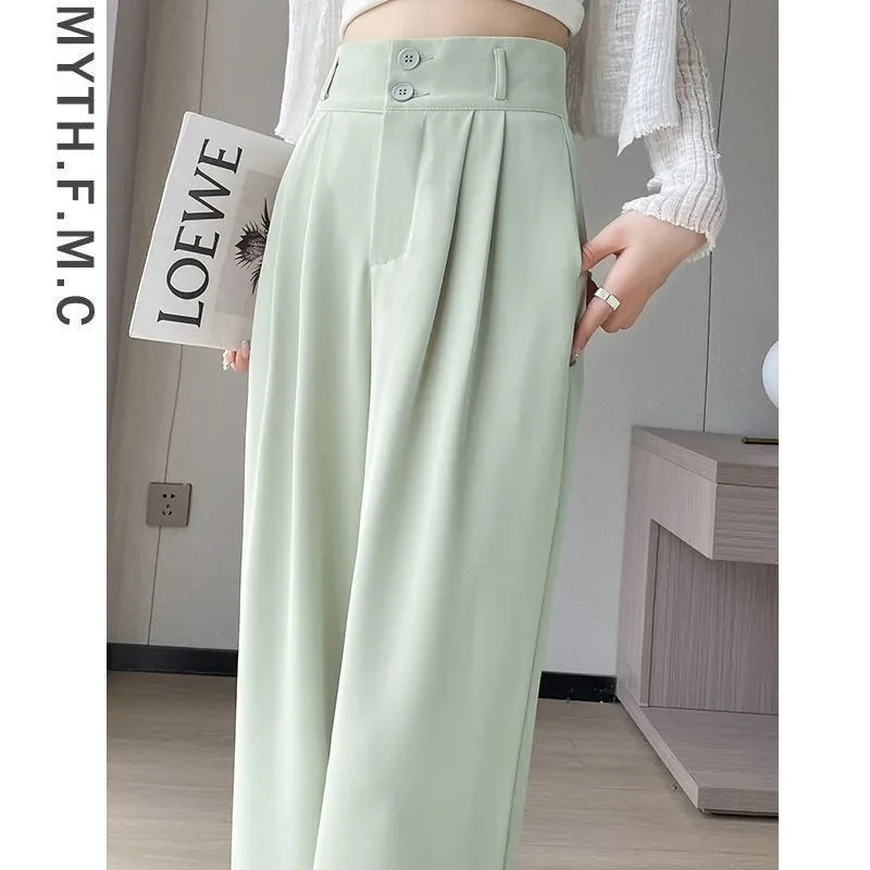 Summer Thin Pink Straight-Leg Ice Silk Bell Bottoms High-Waisted Slim Fit Women&