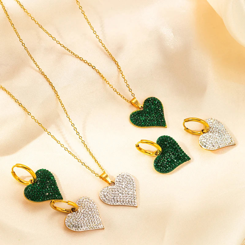 ANENJERY 316L Stainless Steel Green White Zircon Love Heart Necklace Earrings For Women Sparkling Jewelry Gifts Wholesale