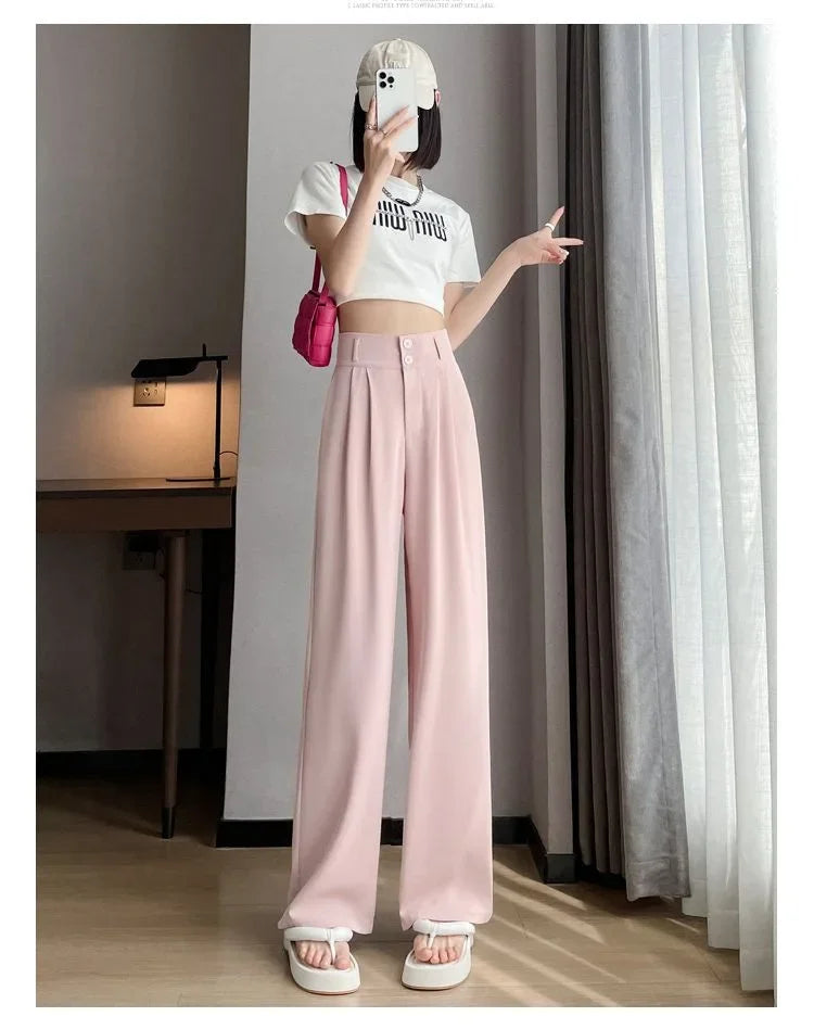 Summer Thin Pink Straight-Leg Ice Silk Bell Bottoms High-Waisted Slim Fit Women&