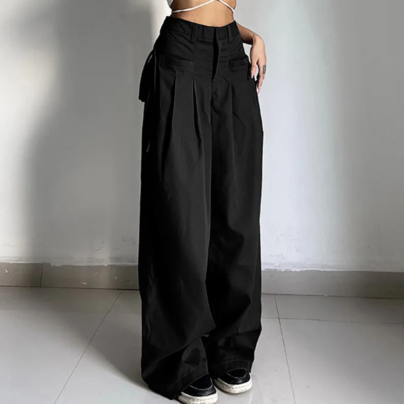 Shirring Casual Wide Leg Pants Women High Waist Street Basic Loose Sweat Trousers Korean Retro Gray Office Y2K Lady Pants