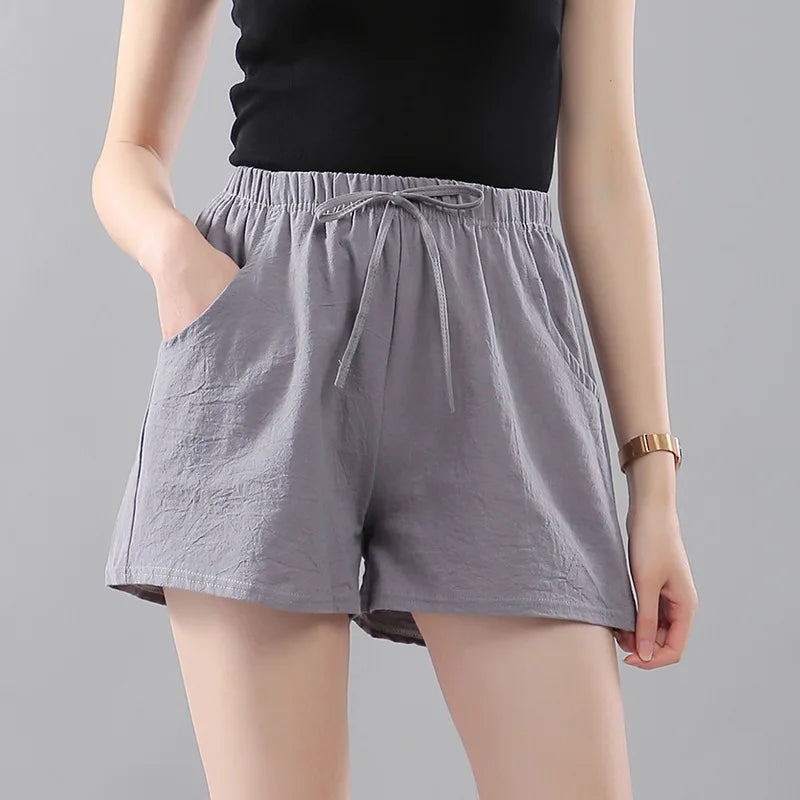 Women Shorts Summer 2025 Korean Wide Leg Casual Solid Drawstring Elastic Waist Shorts Girls Cotton Women&
