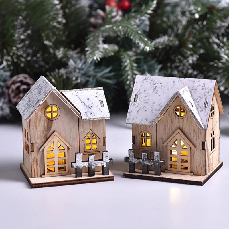 Christmas Home Decoration LED Luminous Wooden House Small House Xmas Tree Desktop Decoration Happy New Year Give Gifts Friends