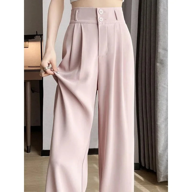 Summer Thin Pink Straight-Leg Ice Silk Bell Bottoms High-Waisted Slim Fit Women&
