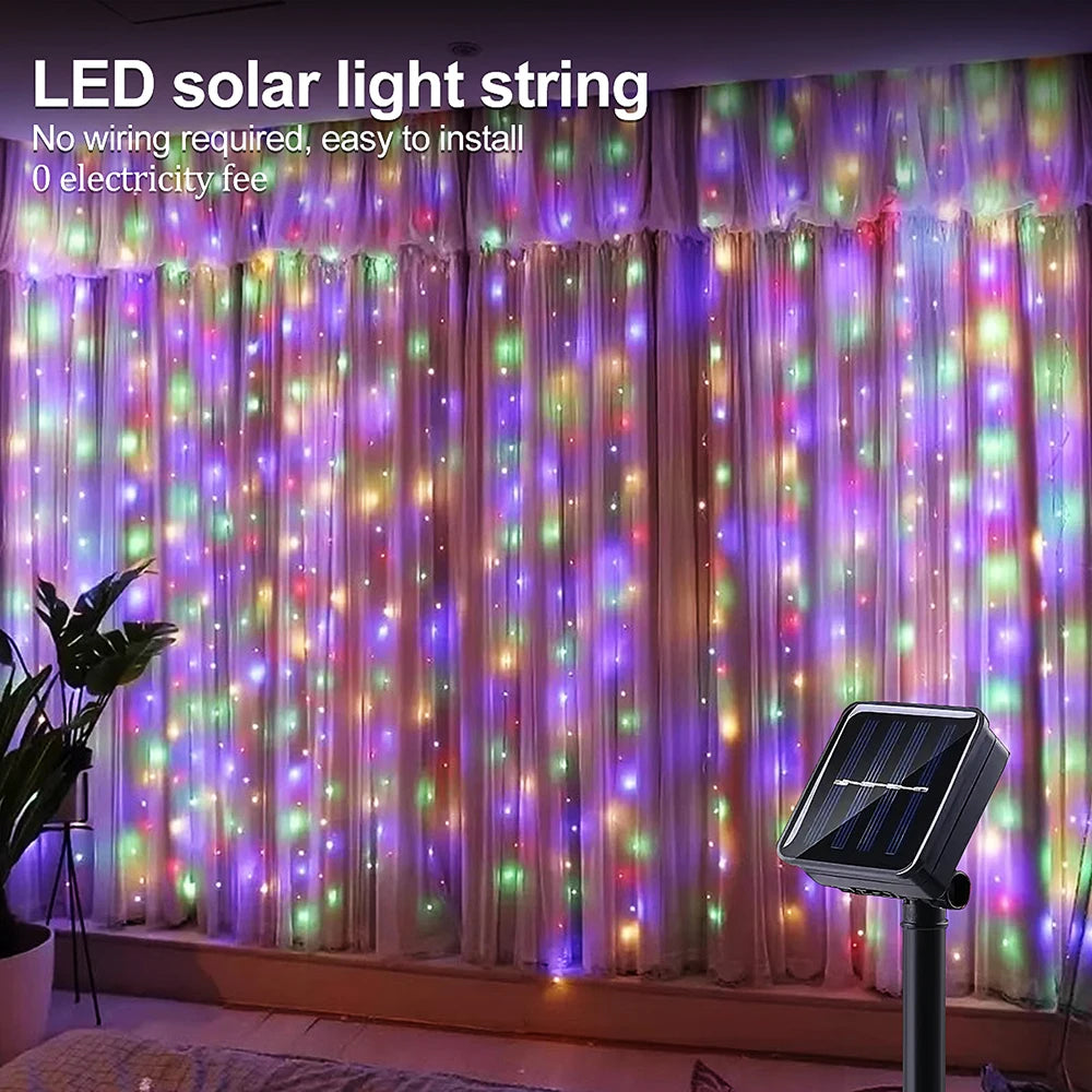 Outdoor Solar Curtain Light 3x3M 300Leds Holiday Decorations Garland 8 Modes Halloween Christmas Party Decor String Lights