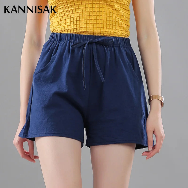 Women Shorts Summer 2025 Korean Wide Leg Casual Solid Drawstring Elastic Waist Shorts Girls Cotton Women&
