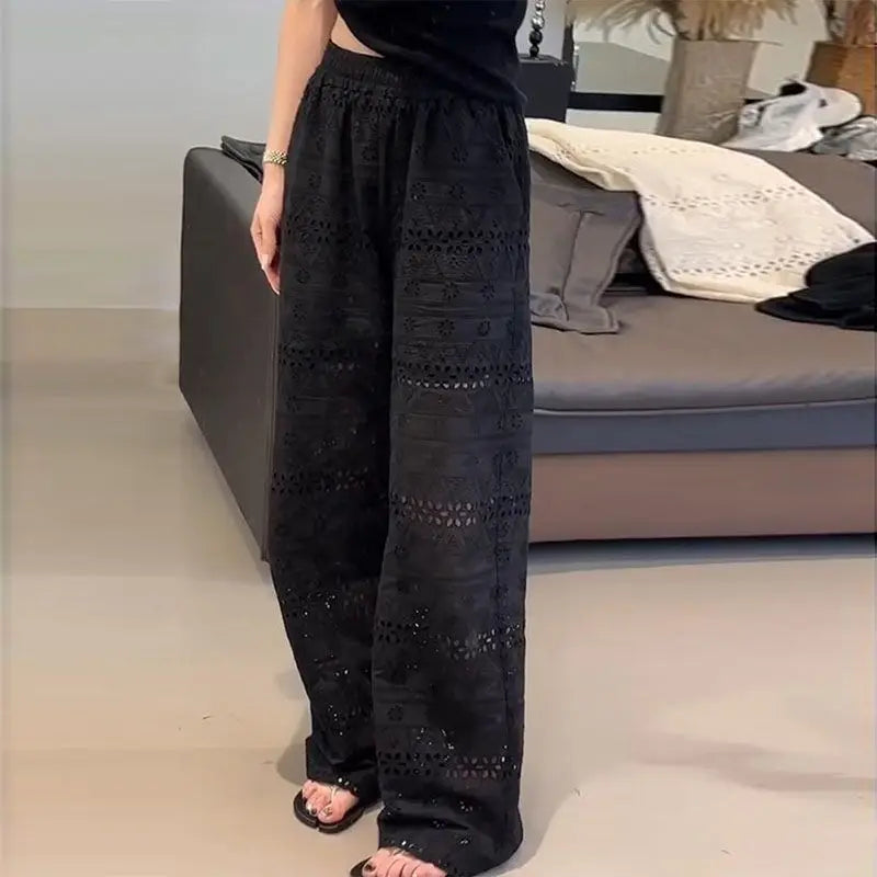 Summer Thin High-waisted Lace Hollow Floor-length Wide-leg Pants for Women, Loose Casual Straight-leg Pants